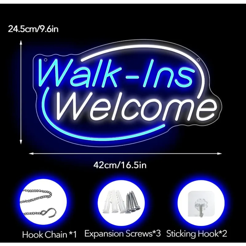 2024 Walk-Ins Welcome Neon Sign Neon Sign For Wall Decor Pink White Led Signs Usb Powered, Living Game Room Decor(16.5x9.4in)