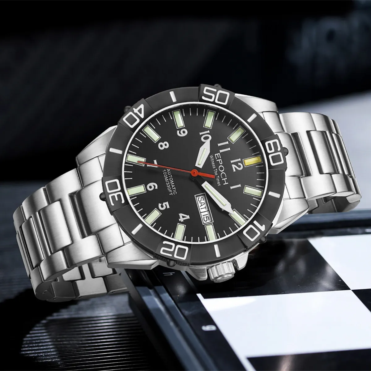 EPOCH Men Automatic Watch 43mm Mechanical Wristwatch Luminous Tubes 100M Waterproof Sapphire Mirror Dual Calendar Week Date