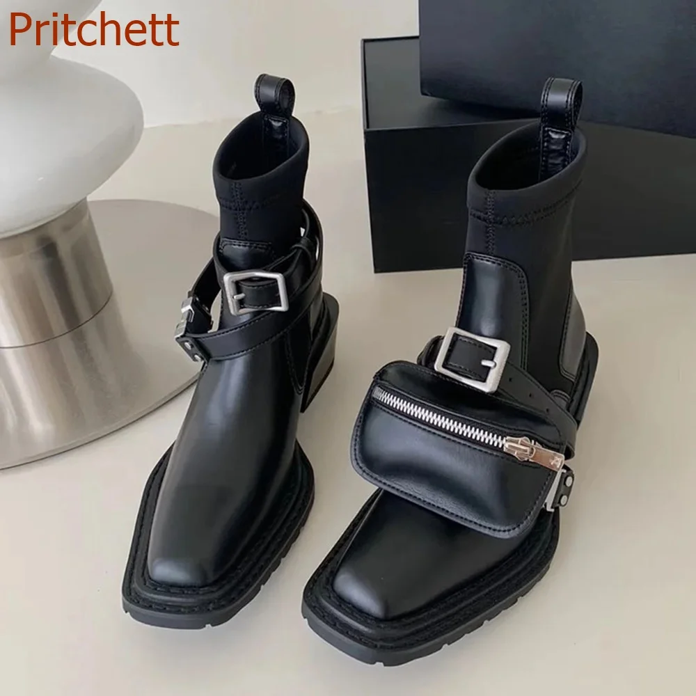 

Square Toe Flat Sole Women Boots Short Boots Ankle Bag Thick Heel Genuine Leather Chelsea Boots Women Shoes 2023 New Arrivals