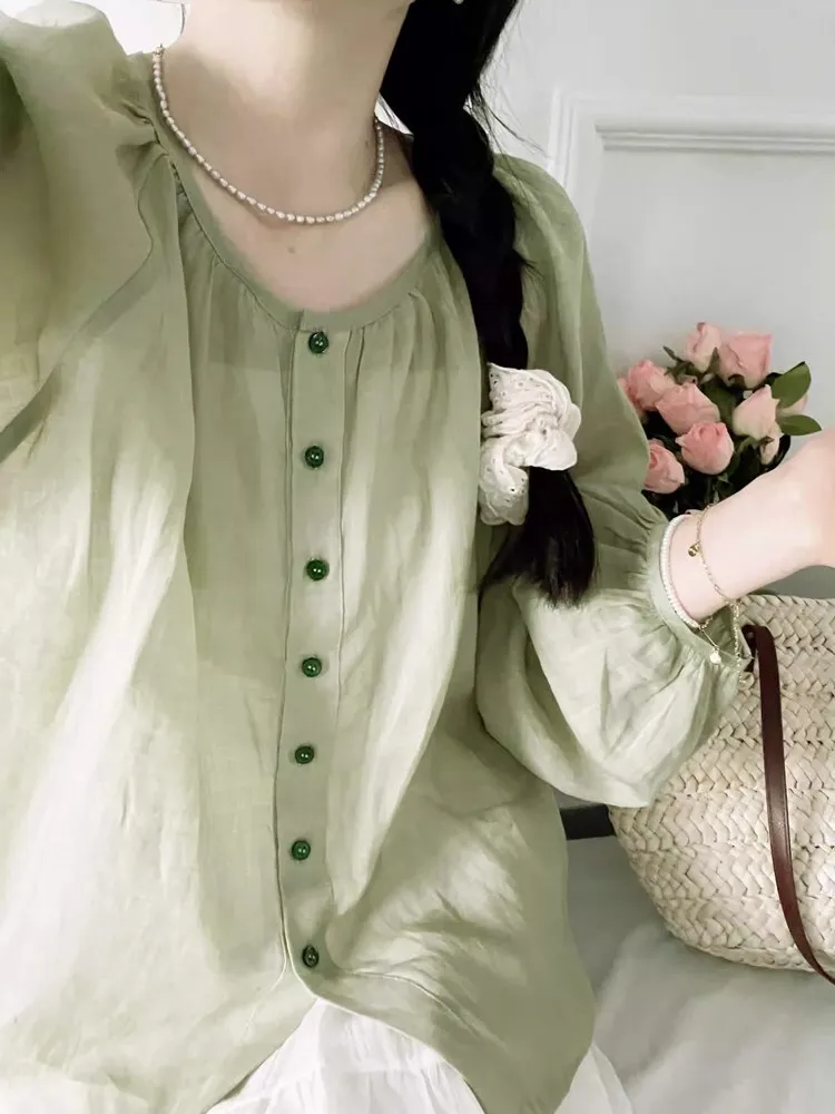 

Женская блузка в деревенском стиле с круглым вырезом, рукавом 3/4, из смесового хлопка и льна, свободного кроя, однотонная, летняя новинка