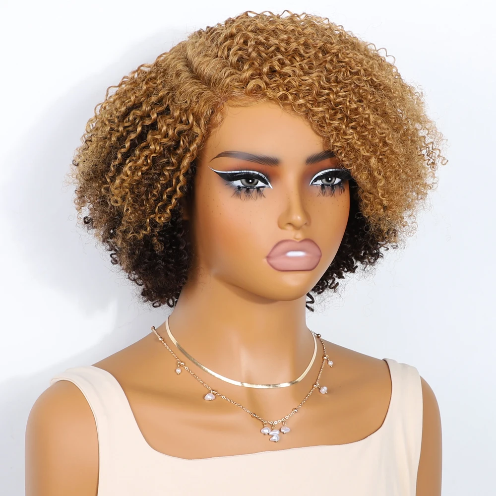 

Ombre Blonde Short Bob Lace Wig Afro Kinky Curly Human Hair Wig With Baby Hair Pixie Water Wave Bob Wig Ombre Honey colored 4/27