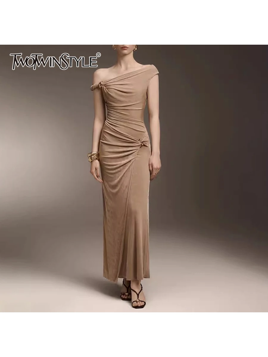 

TWOTWINSTYLE однотонные утягивающие платья для женщин с наклонным воротником и высокой талией, темпераментные длинные платья, женская модная стильная одежда