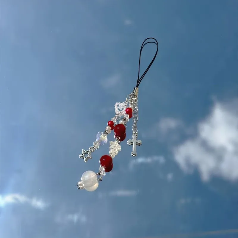 Red Pearl Beaded Phone Charm Keychain Aesthetic Strap Charm