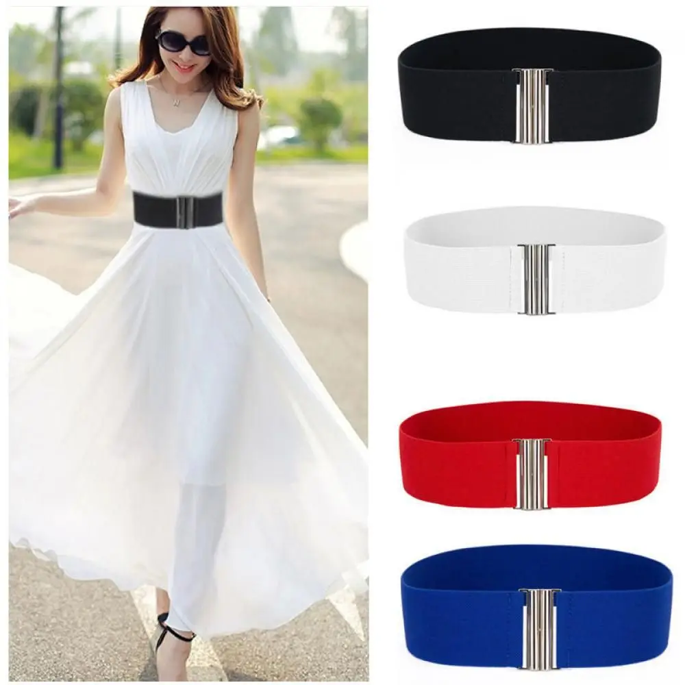 เข็มขัดรัดเอวผ้ายืดทรงกว้างมีหัวเข็มขัดสีเงินแฟชั่นสำหรับผู้หญิง