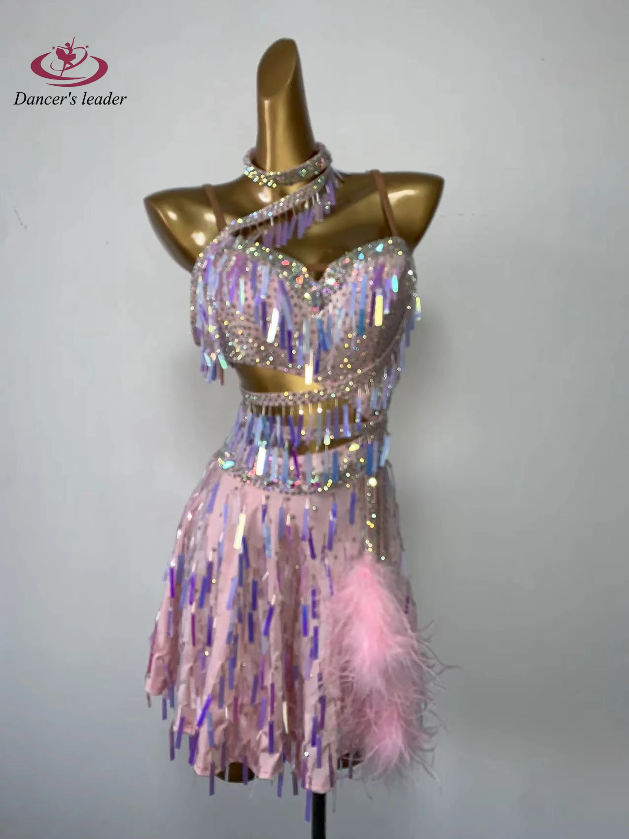 Latin Dance Dress High-end Custom Rainbow Sequins Fluffy Tail Samba Rhinestone Women's Adult Stage Professional Clothing