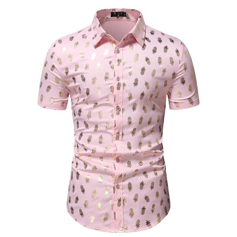 

Mens Pink Pineapple Bronzing Print Shirts Hipster Slim Fit Short Sleeve Button Up Shirt Men Party Nightclub Prom Chemise Homme