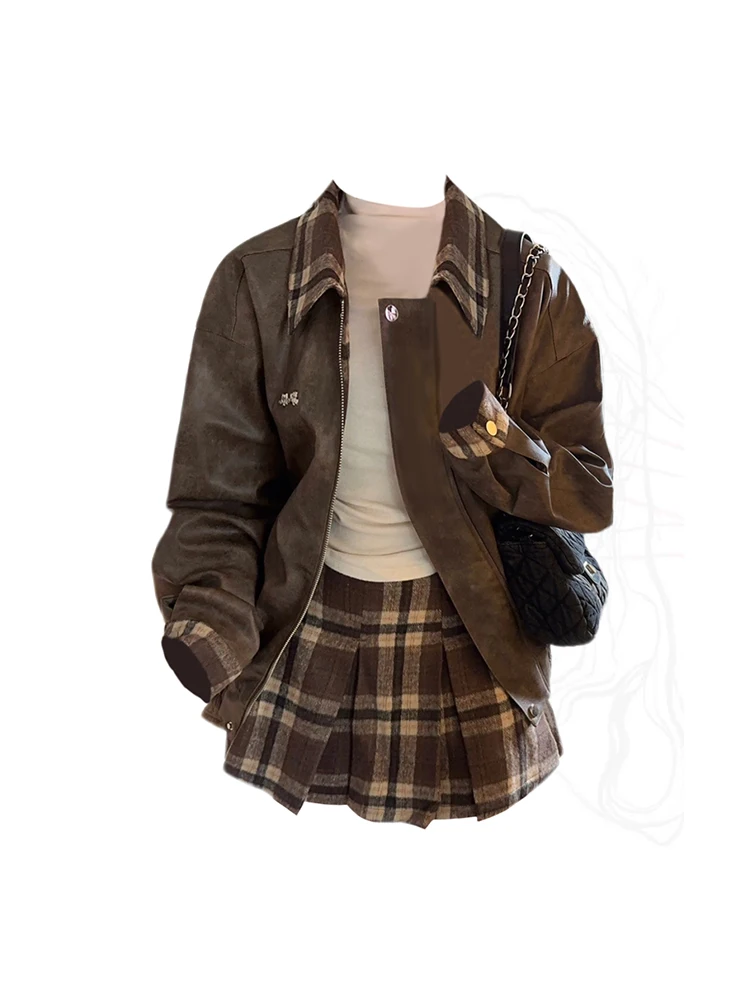 Japanese Fashion Outfits 2 Piece Set Office Lady Lapel Collar Vintage Faux Leather + High Waist Plaid A-Line Skirt Preppy Style