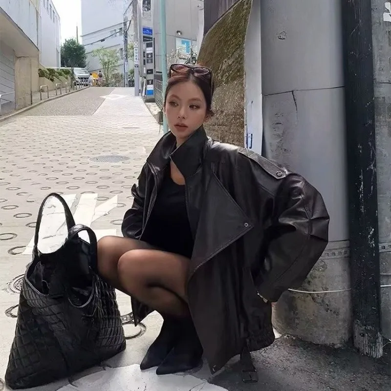 Outerwearnew Style American Retro Aged Brown PU Leather Jacket Spring Autumn Featuring Street Style High-end Feel Women Outcoat