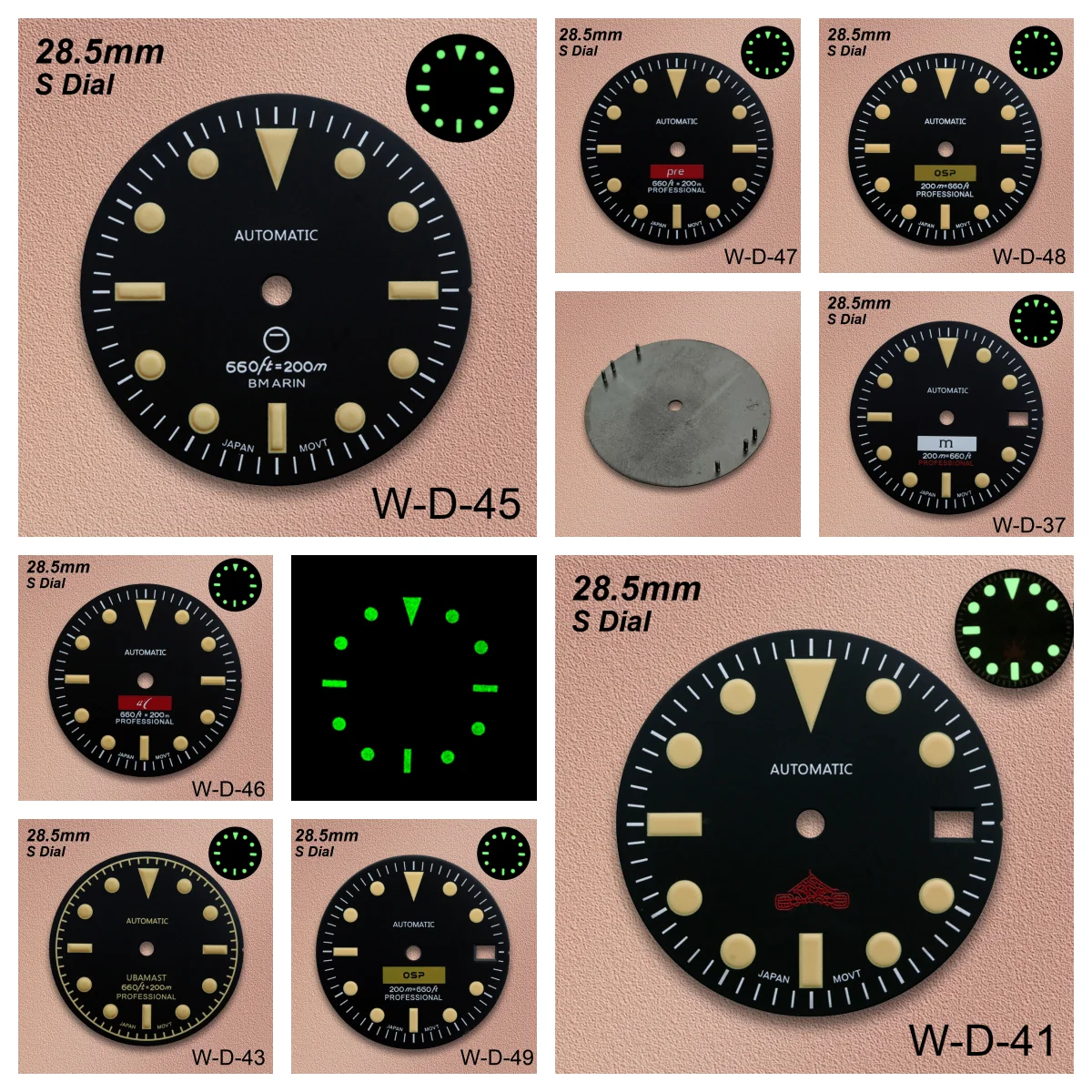 28.5mm Retro SUB Dial S Logo NH35 Dial Fit NH35/NH364R/7S MovementGreen Luminous Black Watches Accessories Fit 3/3.8/4.2 O'clock