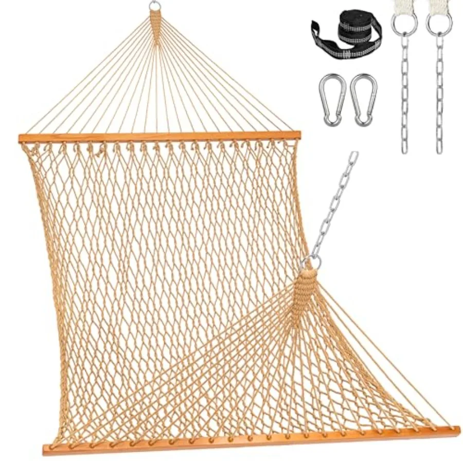 

Double Rope Hammock 2 Person Traditional Outdoor Hand Woven Cotton Rope Hammock with Spreader Bar Carabiners Tree Straps Chains
