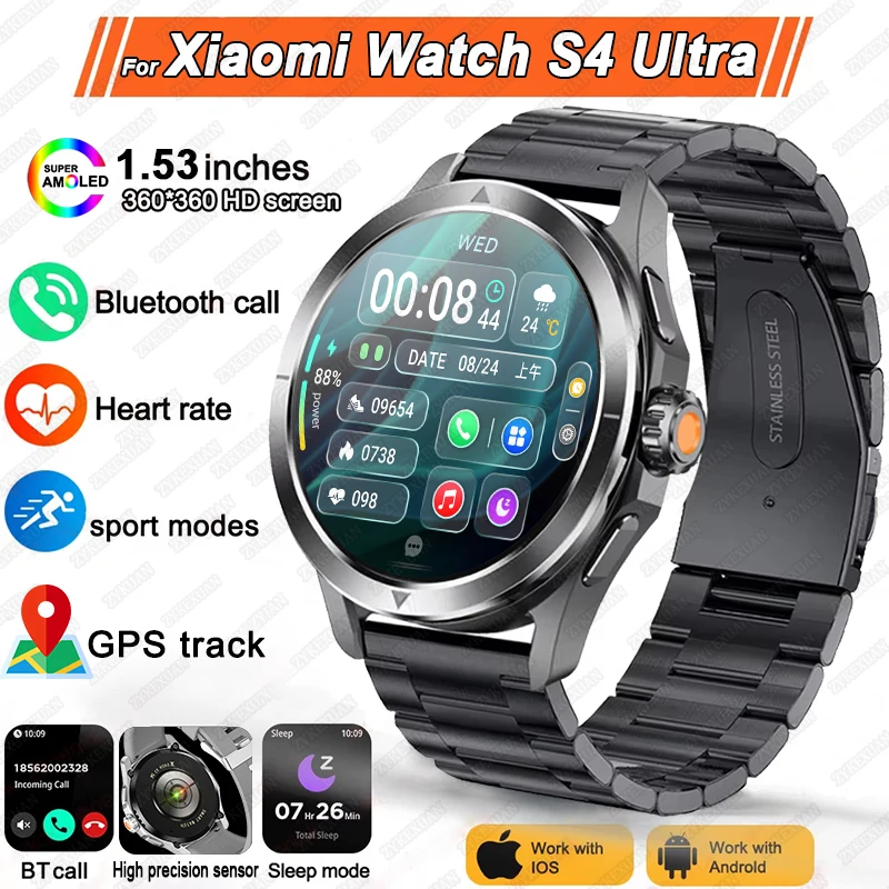 New For Xiaomi S4 Ultra Smart Watch Men AMOLED Outdoor Sports Bluetooth Call NFC GPS Compass Heart rate Waterproof Smart Watch