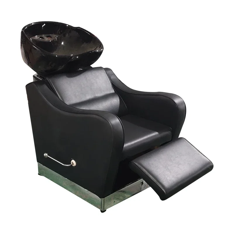 

2022 New Hair Salon Equipment Classic Black Foot Lift Shampoo Station Backwash Chair With Ceramic Bowl 10 Year Warranty