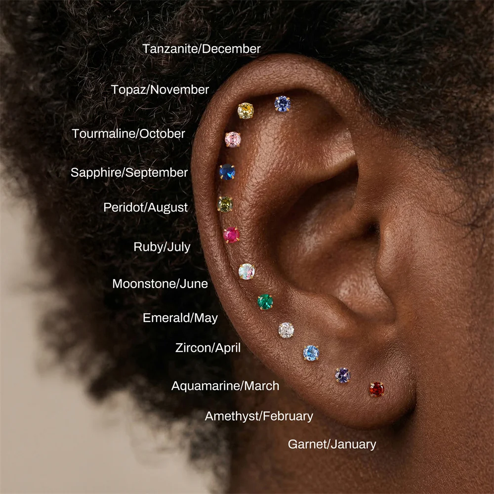 CANNER 1PC 925 Sterling Silver Four Claws Colorful 3mm CZ Piercing Earring for Women 18K Gold Plated Classic Body Jewelry Gift