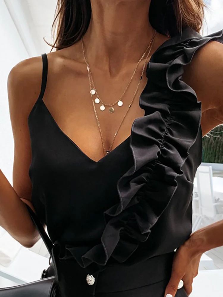 Women Summer Blouse Shirts Sexy V Neck Ruffle Blouses Backless Spaghetti Strap Office Ladies Sleeveless Casual Tops