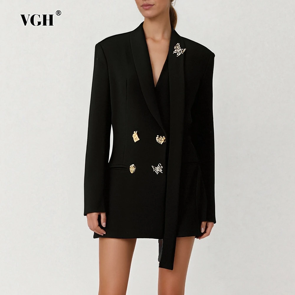 

VGH Elegant Solid Spliced Metal Buckle Tunic Blazer for Women V Neck Long Sleeve Temperament Chic Blazer Female Fashion Style