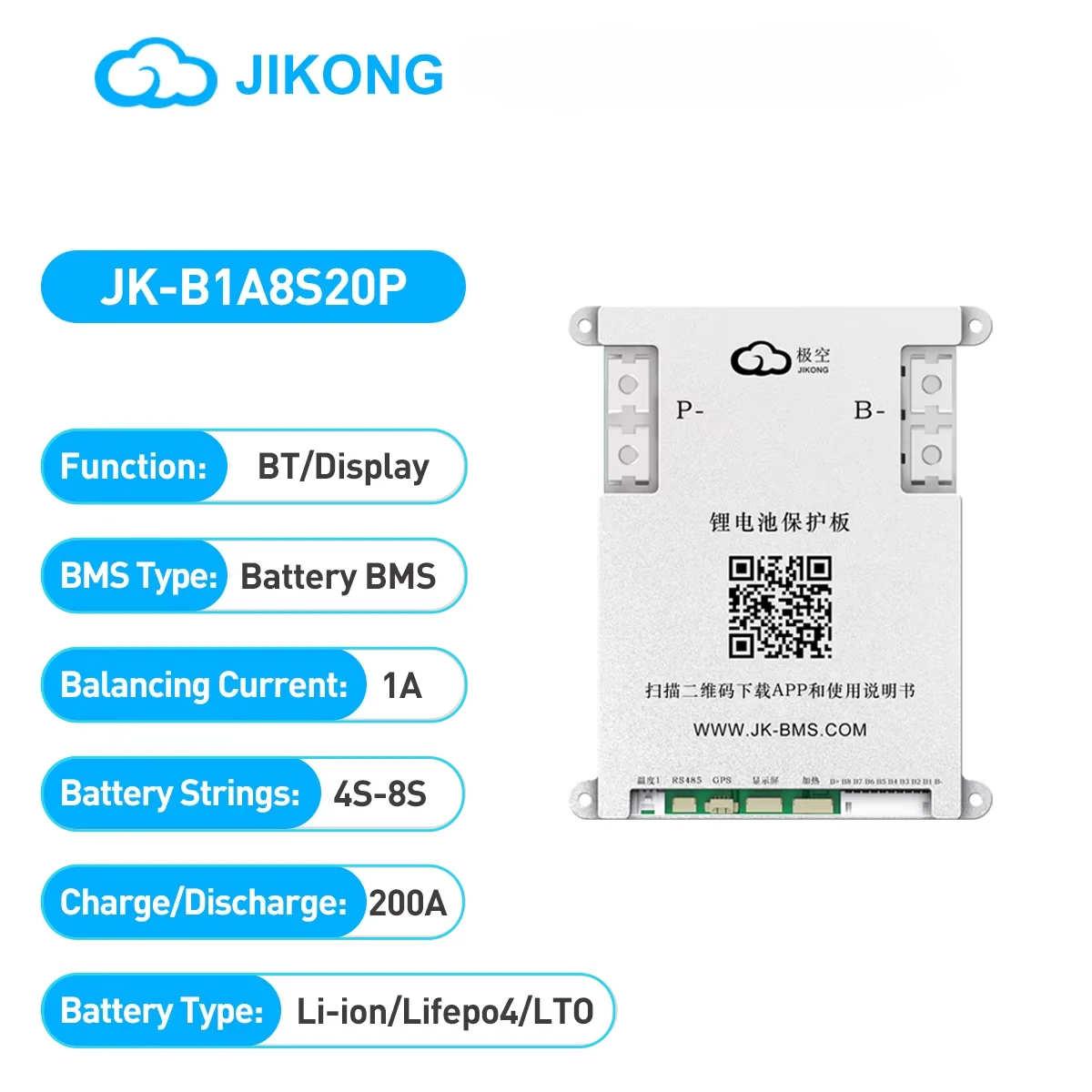 JIKONG BMS JK-B1A8S20P 4S 5S 6S 7S 8S 12V 24V Active Smart Balance BMS 200A Lifepo4 Li-Ion LTO Battery Active Balancer 1A