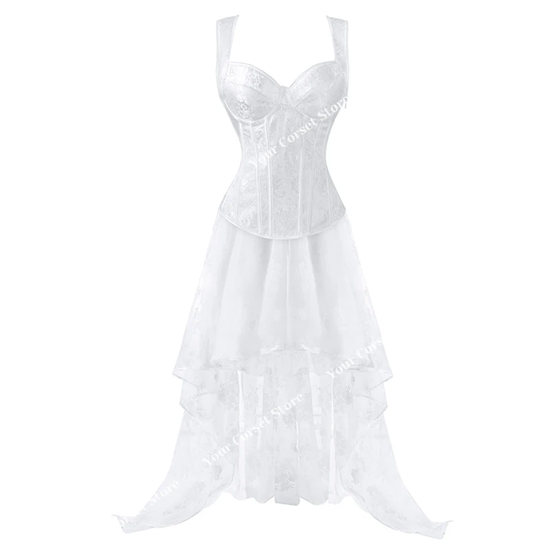 Vestido de corsé de talla grande para mujer, corpiño victoriano, falda larga, conjunto de corsé de boda, traje burlesco, vestido de novia, vestido de corsés blanco