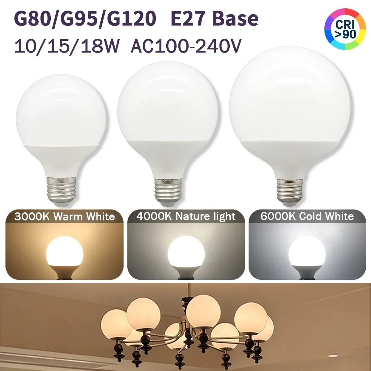 Energy Saving G80 G95 G120 LED Bulb E27 10W 15W 18W 120LM/W AC 220V 127V CRI90 Global Light Lampada Ampoule Lamp Vanity Bulbs