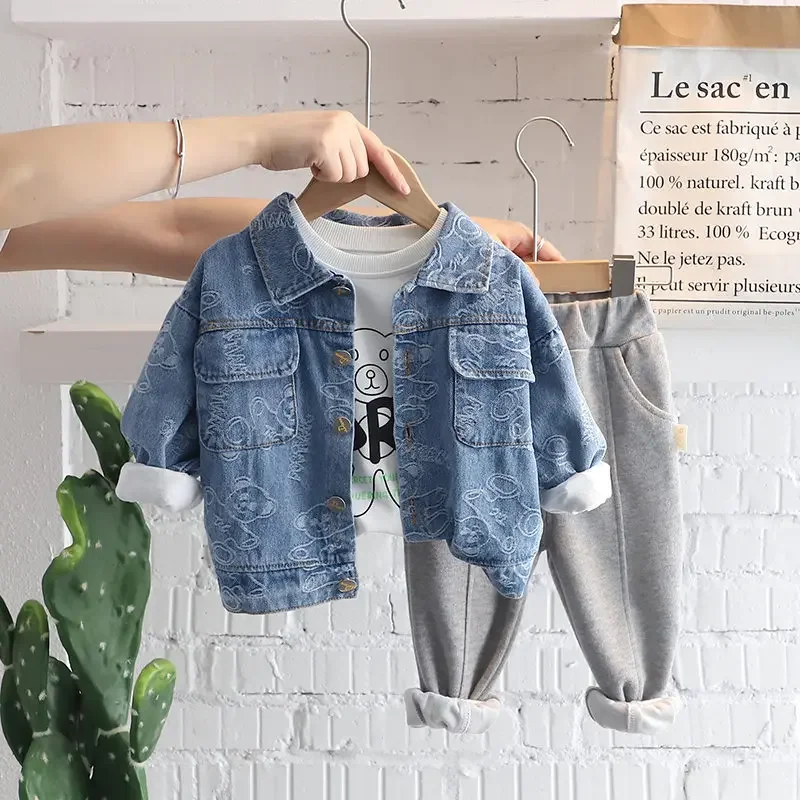 Children Fashion Suit Spring Kids Boy Girl Denim Coat T-shirt Pants 3Pcs/Set Toddler Clothing Infant Sportswear 0-5 Years