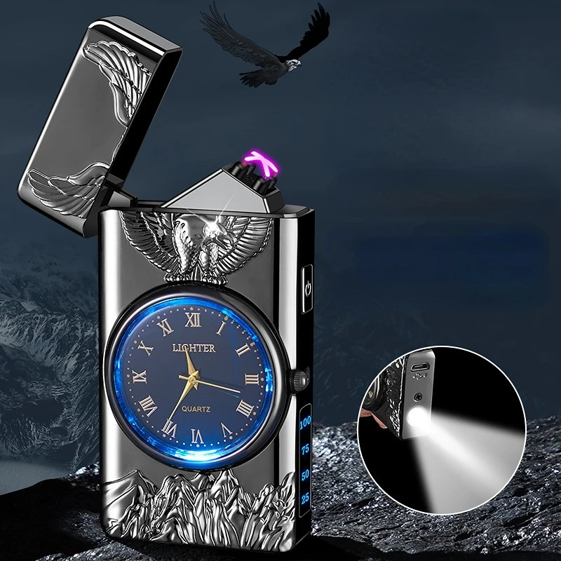 USB Rechargeable Dual Arc Metal Windproof Multifunction Lighter, Eagle Engraved Luminous Dial, LED Lighting Cigarette Lighter