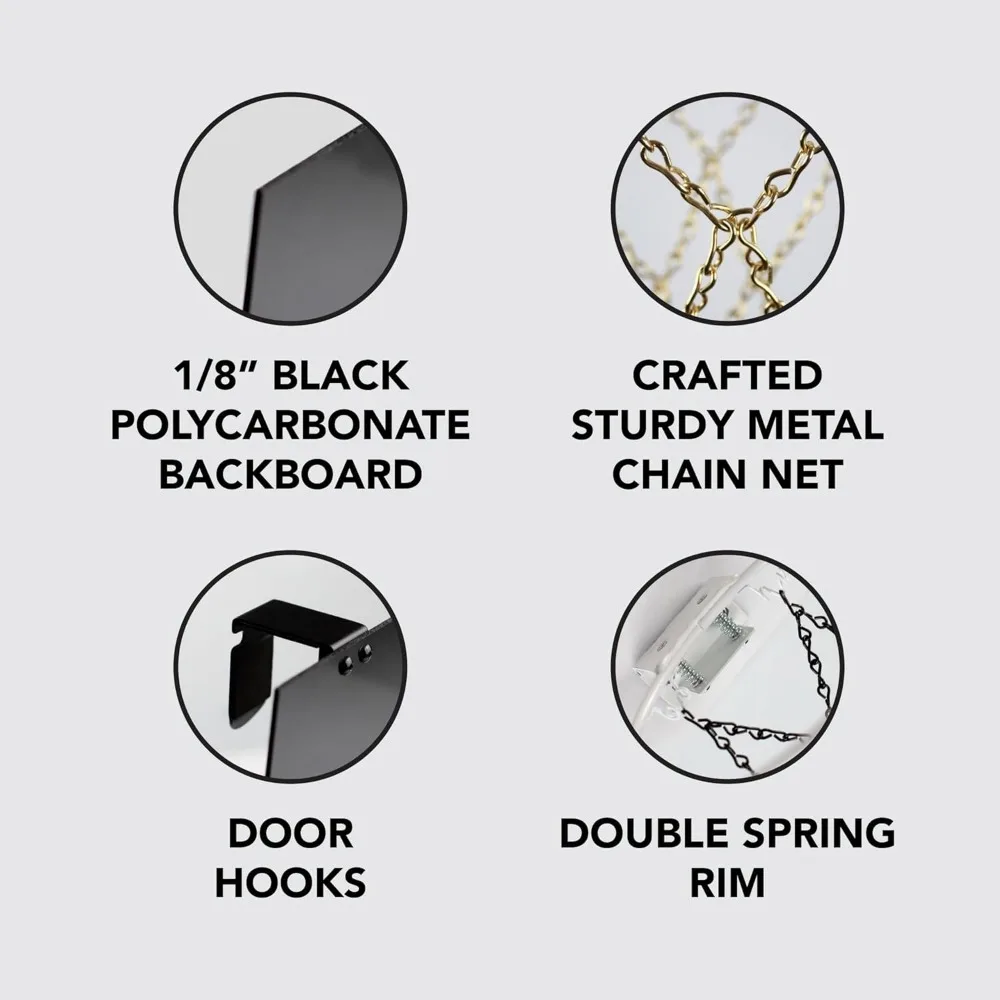 屋内用ミニバスケットボールフープ、金属チェーンネット、白いリム、黒いバックボード、ドアフック、ボール、ポンプ、9インチ