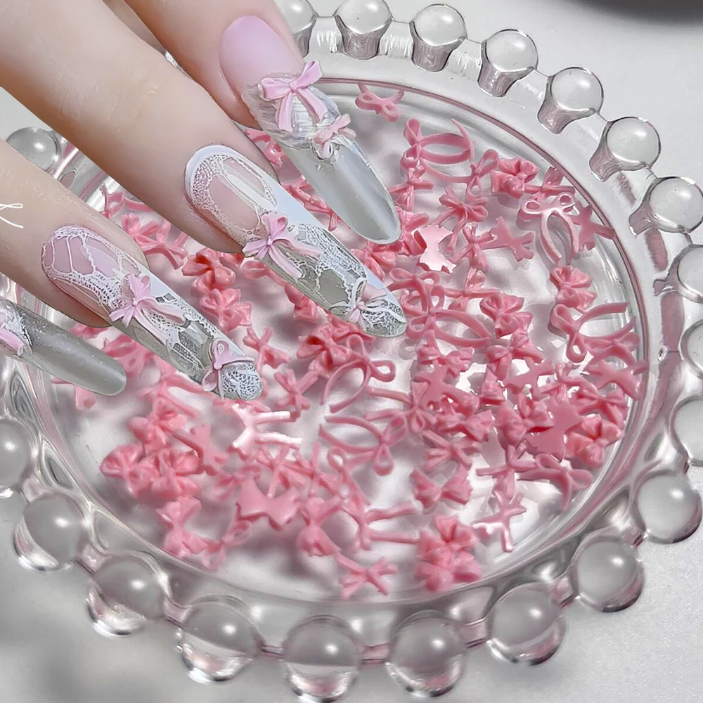 

﻿100pcs Pink Ribbon Bow Nail Decoartion 3D Resin Kawaii Lace Bownot Tie Nail Accessories White/Blue Sweet Manicure Charms Parts