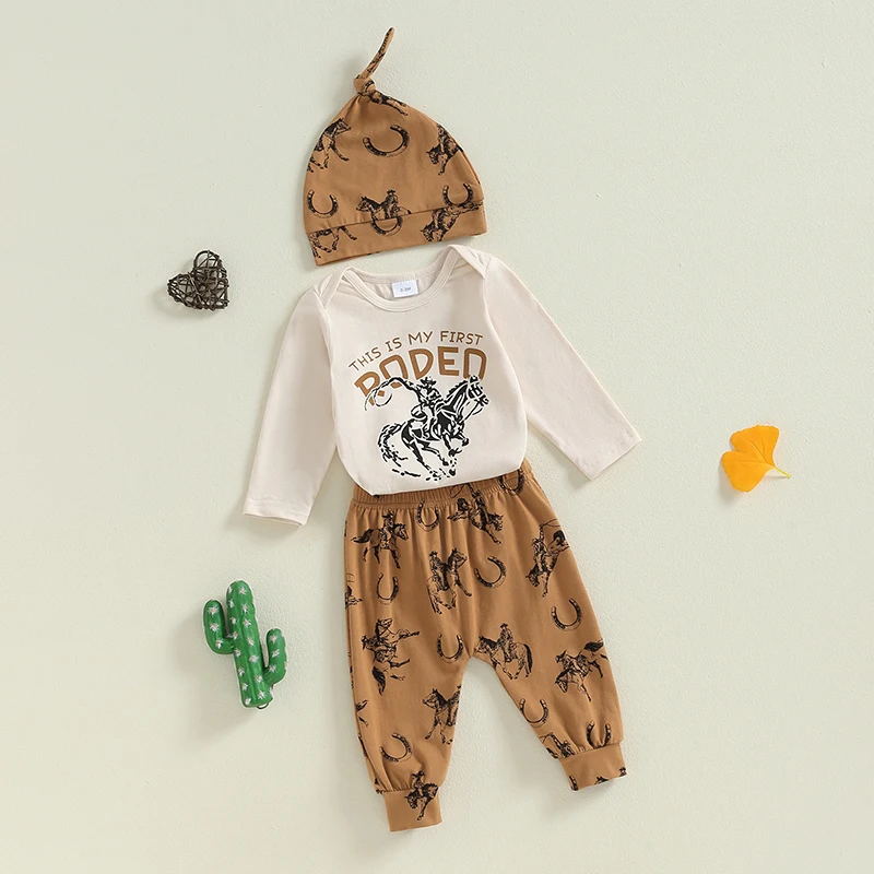 2024-05-30 Lioraitiin  Baby Boys 3PCS Outfit Sets Long Sleeve Letter Print Romper Horse Print Pants Hat Sets