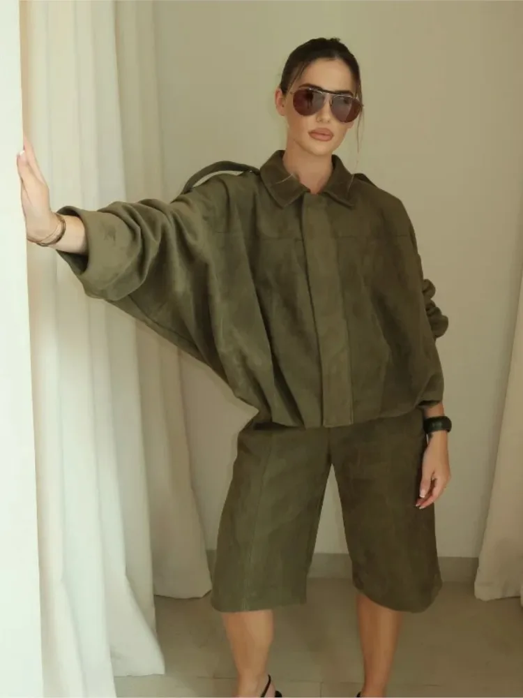 Vintage Faux Suede Short Jackets For Women Zipper Fashion Loose Bomber Jacket Coat Autumn Winter 2025 New Chic Casual Outerwears
