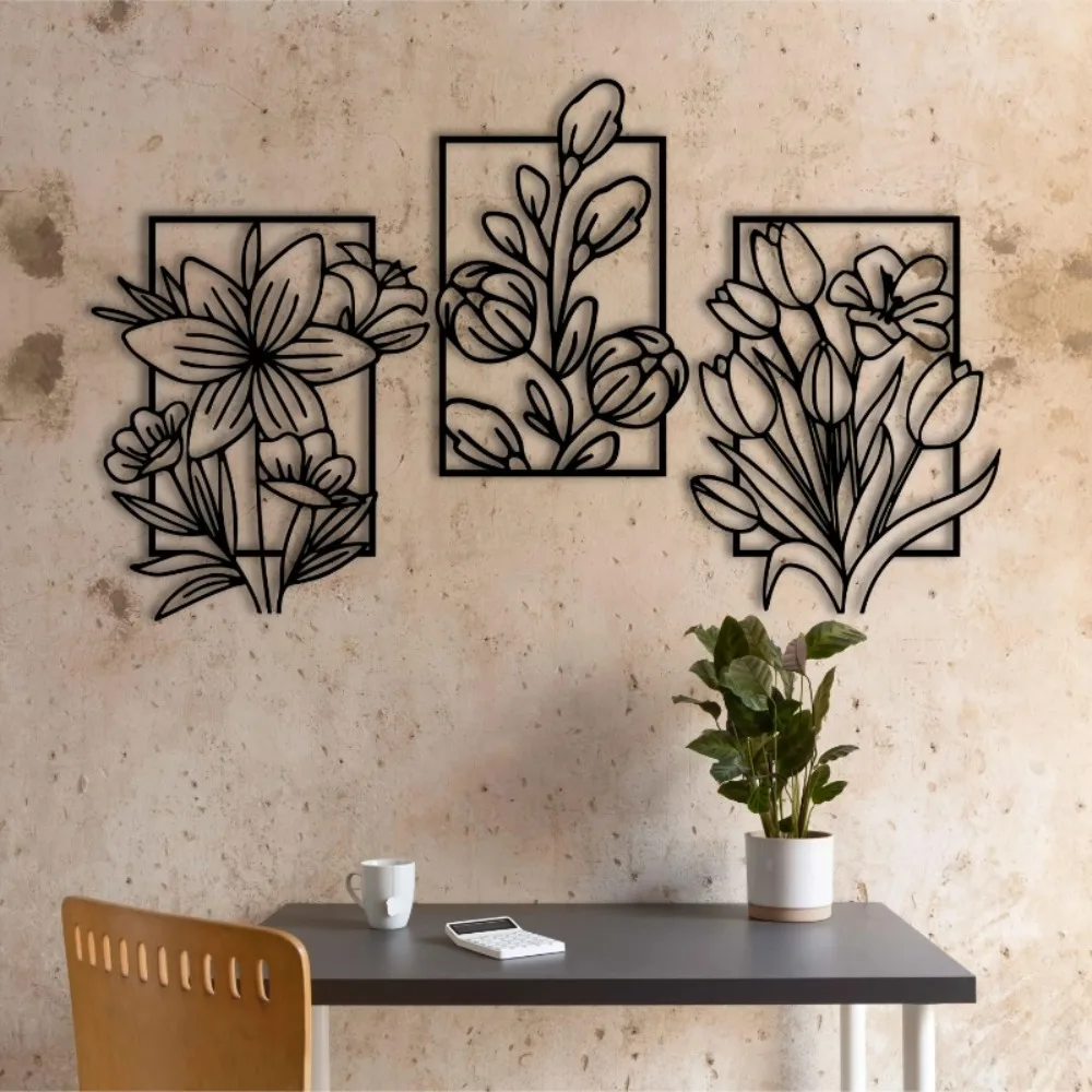 Retro Blumen- und Blätter-Wandkunst aus Metall, 2D-Flachdesign, Langlebige Eisen-Pflanzenblatt-Wandskulpturen für Wohnzimmer, Schlafzimmer und Hochzeitsdekoration, Perfekt