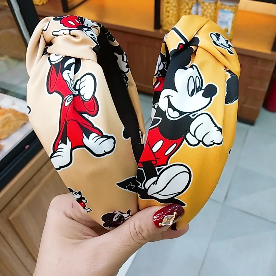 Disney Anime Minnie Double Layered Bow Headband Kawaii Mickey Mouse Printed Knotted Hair Hoop Cartoon Hair Accessories