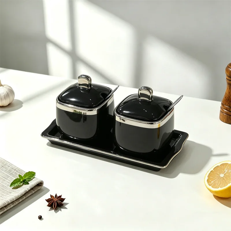 DSA ceramic seasoning jar, full set of household seasoning box, salt and sugar jar set, kitchen supplies with spoon combination 6