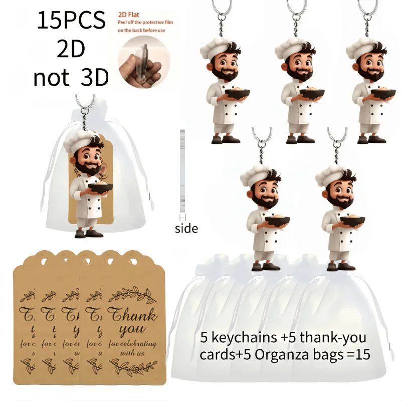 5Sets Chef Keychain Includes 2D Acrylic Pendants & Thank You Cards & 5 Organza Bags Holiday Gift Party Souvenirs For Friends Men