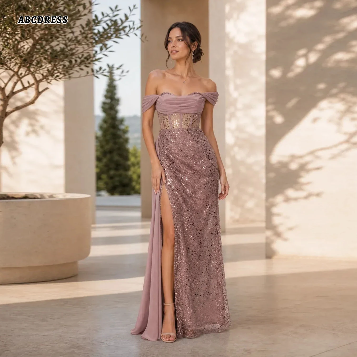 Customized Off‑The‑Shoulder Duety Rose Formal Evening Gown Mermaid Sequin Prom Party Dress Hight Slit Wedding Guest Dresses