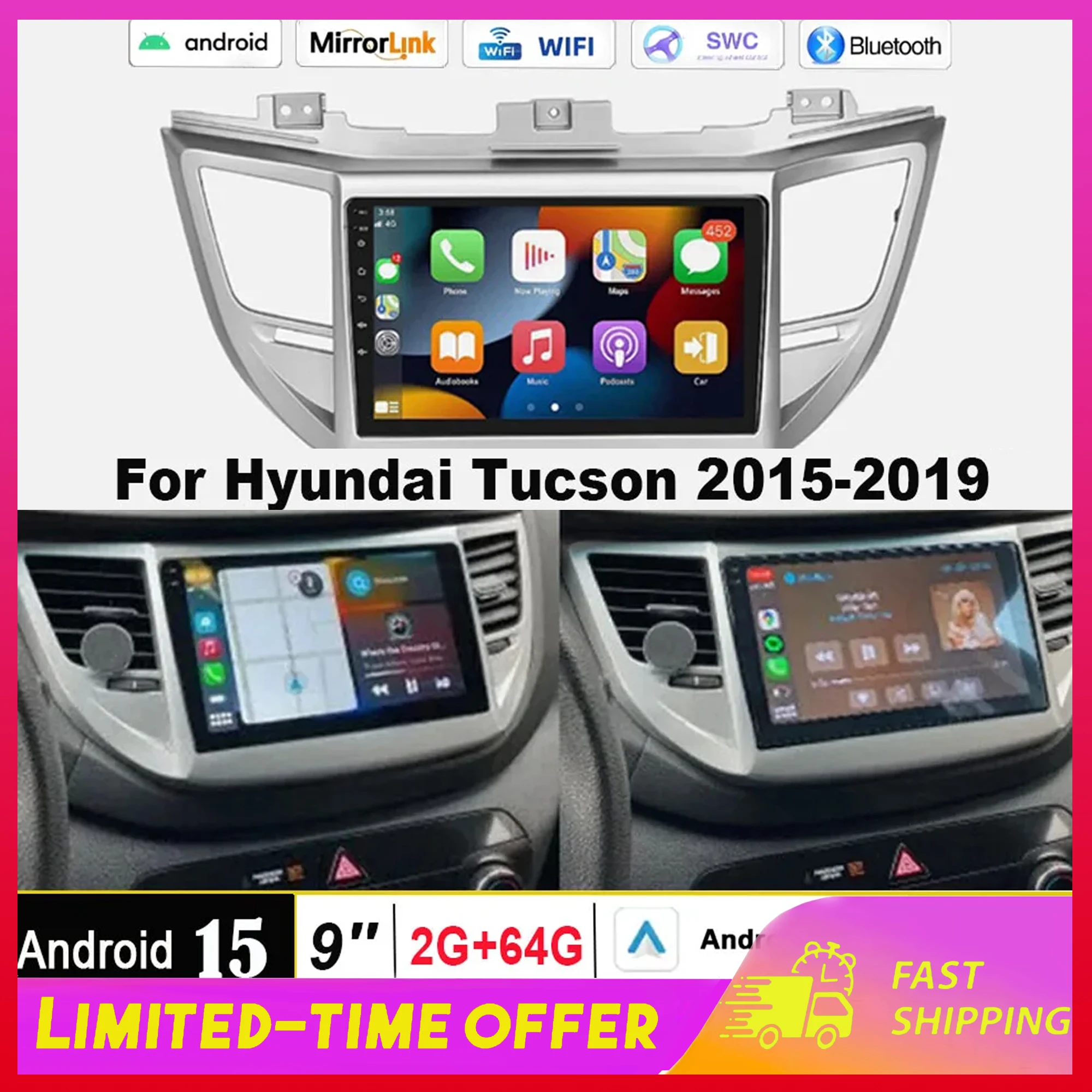

9-дюймовый Android 15 мультимедийный проигрыватель для Hyundai Tucson 2015-2019 с Carplay и Android Auto, автомобильная навигация, 2+64 ГБ, AHD