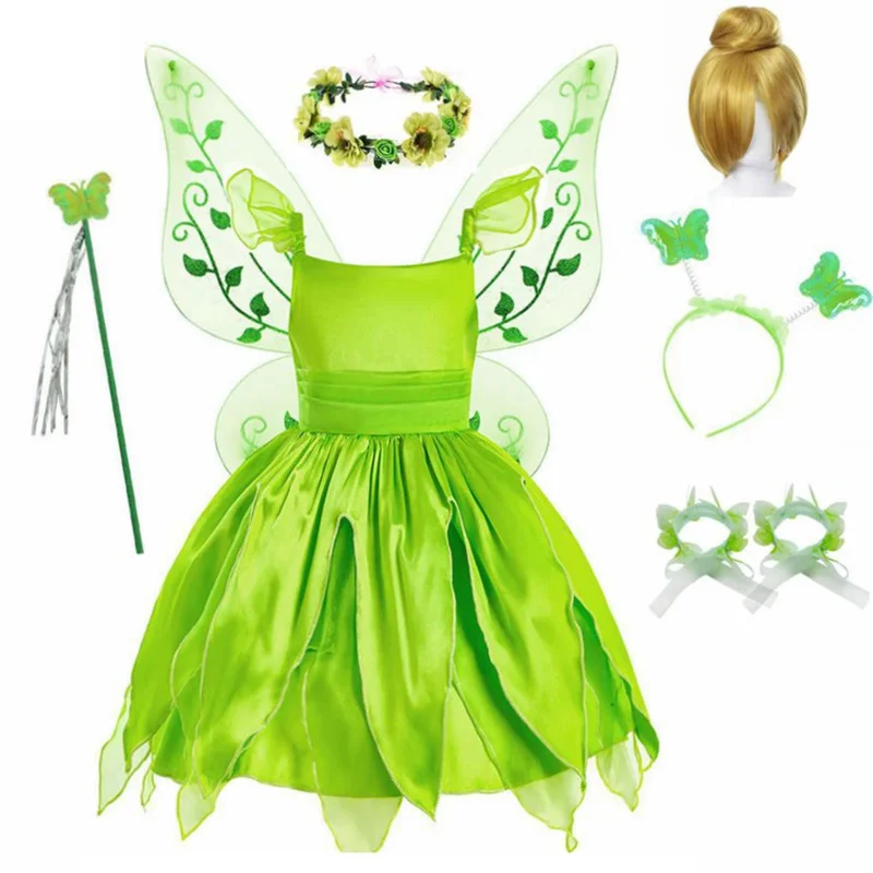 Vestito da fata dei fiori per ragazze Vestito da principessa per bambini con ali Costume da principessa di Halloween Elfi Party Tinkerbell Tinker Bell Dress