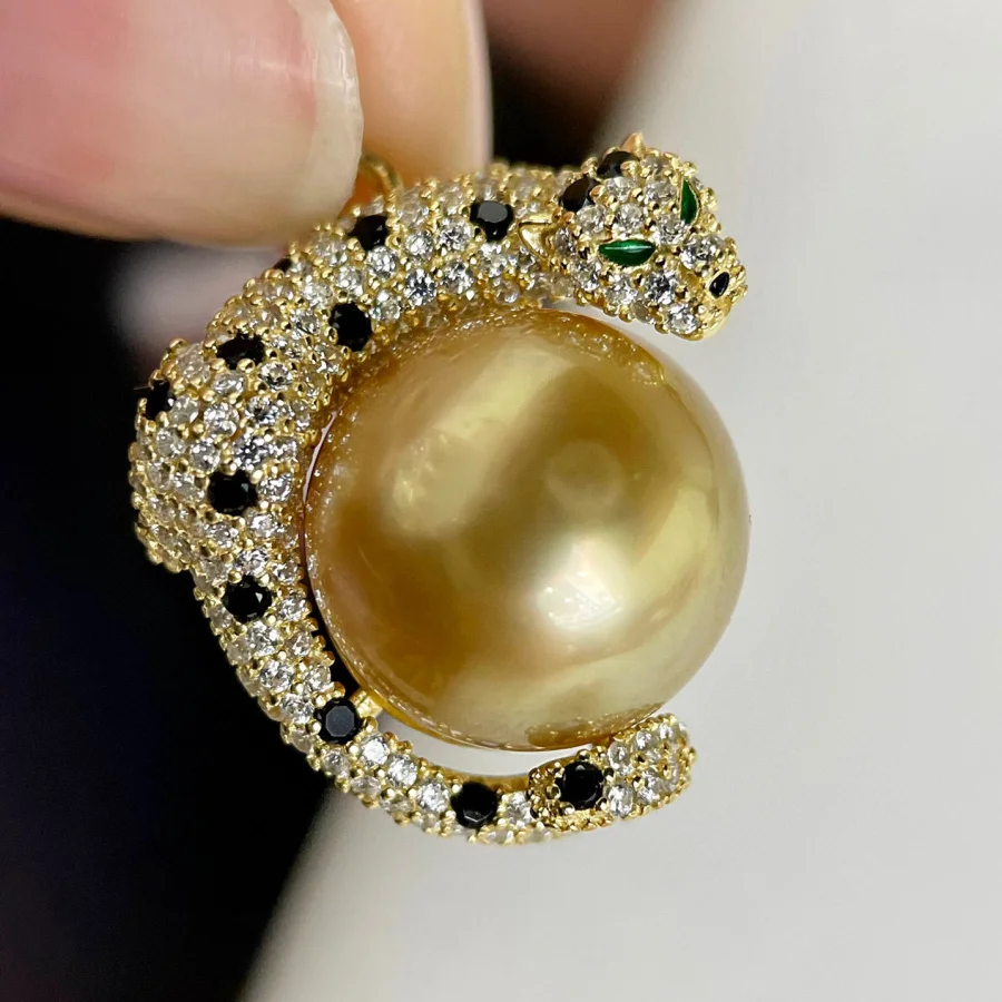 New Pearl AAAA 10-11mm 11-12mm 12-13 mm Natural South  Sea Round Pearl Fortune Leopard Pendant 18inch 925s