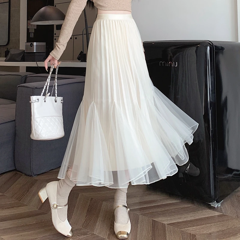 

Women 2024 Summer Fashion High Waist Fishtail Skirt Female Long Solid Color Skirts Ladies New Casual Mesh Pleated Skirts M08