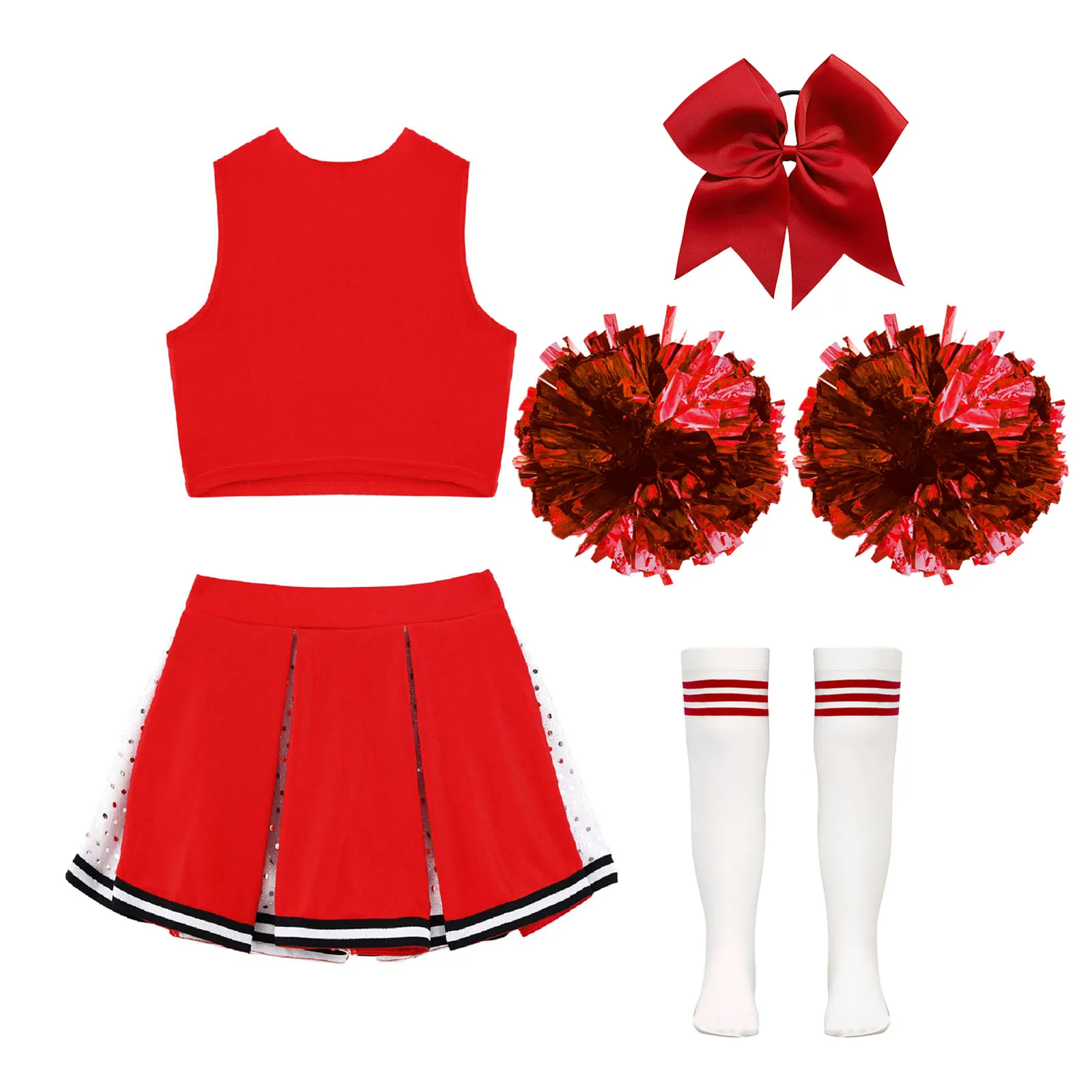 Costume de pom-pom girl pour enfants, uniforme de danse, tenue de pom-pom girl, haut court à paillettes, jupe avec chaussettes, ensemble de vêtements de danse pour filles d'école