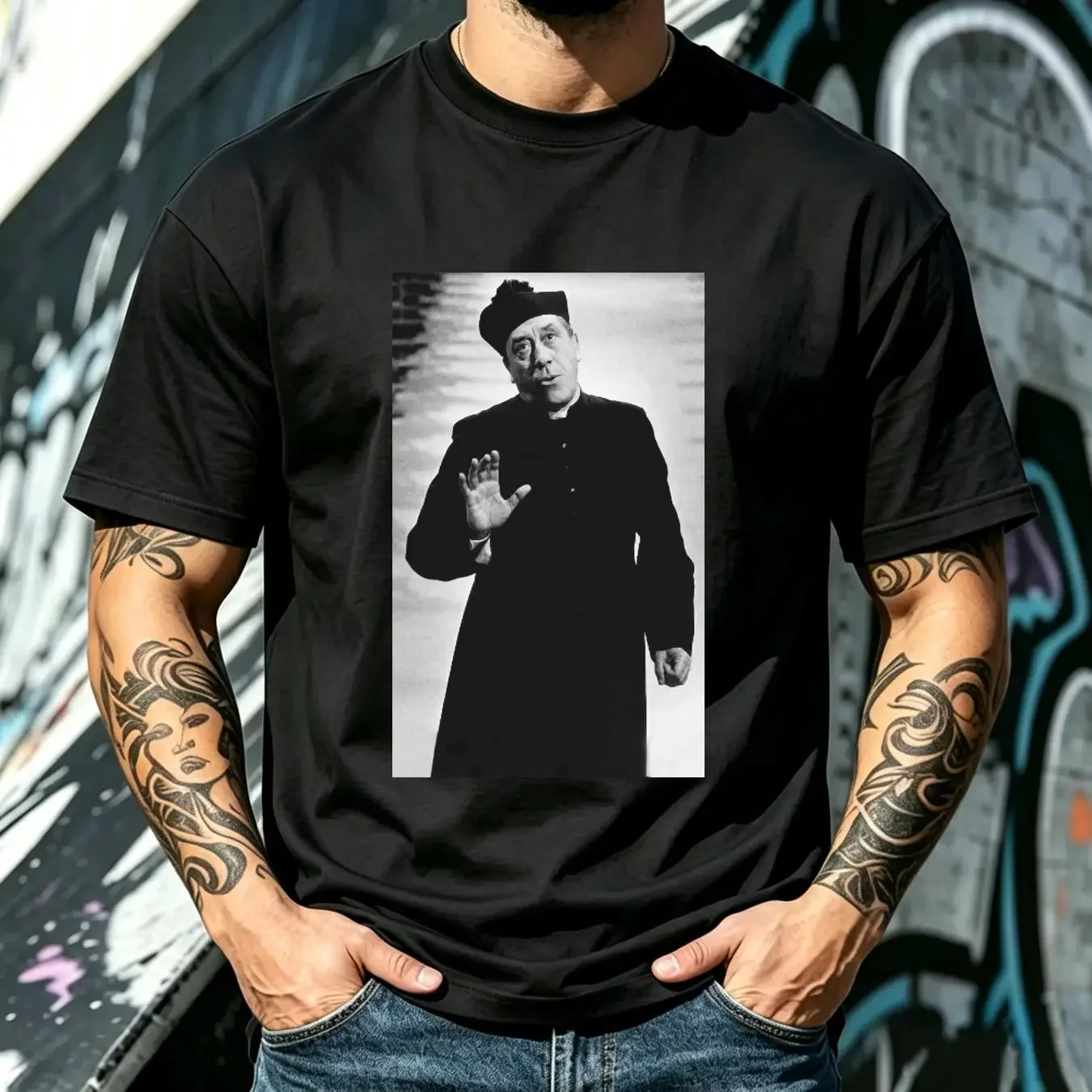 washed T Shirt Don Camillo Premium Black Peppone Italia Cult Fun vintage Washed Casual Top For Everyday Wear graphic Breathable