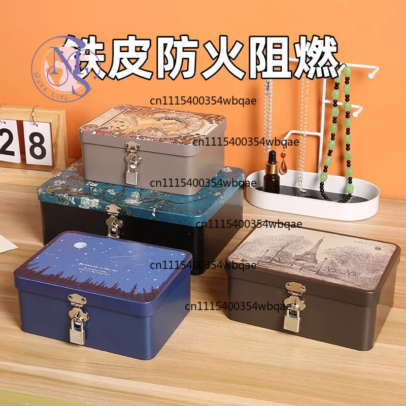 ZOCI-FOR- Fire Resistant Tin Storage Box, Vintage Lockable Metal Case, Jewelry Cosmetic Document Organizer with Keys