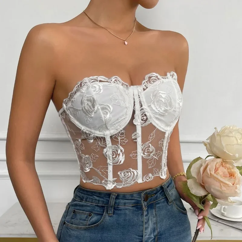 CHUANGERM-corsé Sexy con bordado Floral blanco puro, camiseta sin mangas interior, malla calada, chaleco transparente de espina de pescado sin espalda