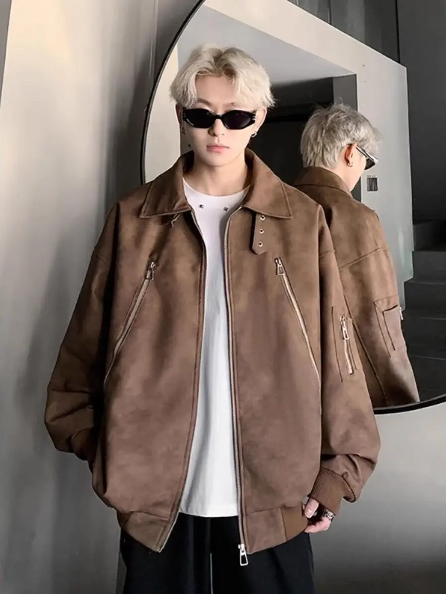 

Мужское свободное мотоциклетное пальто из искусственной кожи с лацканами в американском стиле ретро, осеннее элитное модное брендовое модное пальто