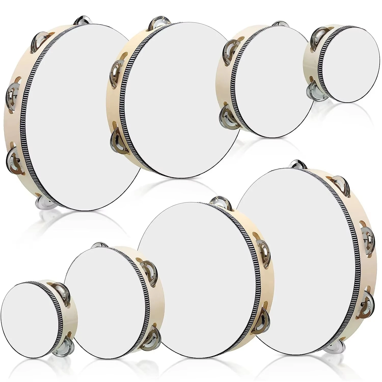 1Pcs Wooden Tambourine 4/6/8/10-Inch White Rim with Metal Jingles Musical Percussion Instrument for Concert Church Party