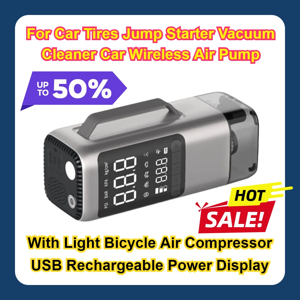 With Light Bicycle Air Compressor USB Rechargeable Power Display For Car Tires Jump Starter Vacuum Cleaner Car Wireless Air Pump