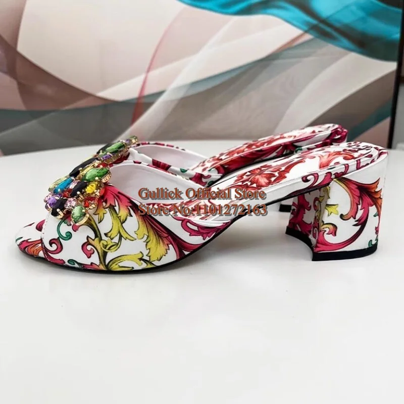 

Open Toe Printed Leather Mules Shoes Green Red Chunky Heels Female Summer Slippers Colorful Rhinestone Sandals