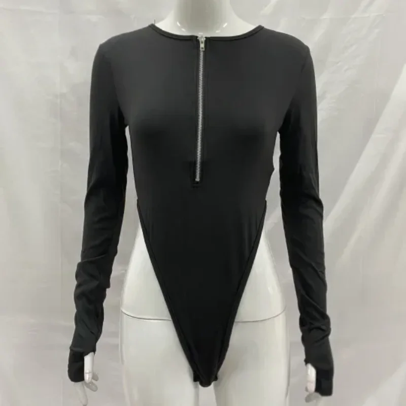 أزياء مثيرة الصلبة سستة طويلة الأكمام جولة الرقبة ضيقة عالية الخصر قمم أوروبا أمريكا الشارع الملابس النسائية ارتداءها