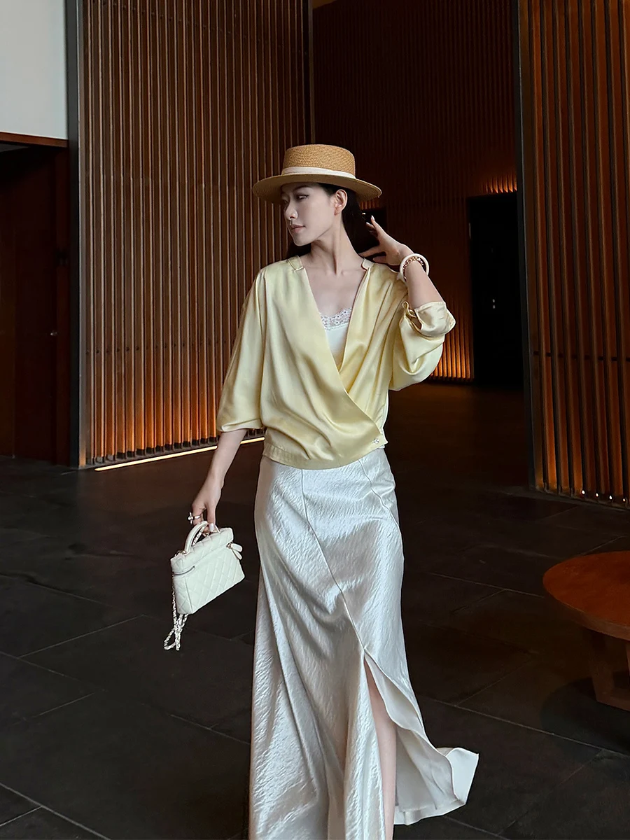 

Элегантная женская юбка-миди с разрезом, имитирующая атлас, фасон «рыбий хвост», А-силуэт, облегающая, с высокой талией, из полиэстера, на молнии, весна