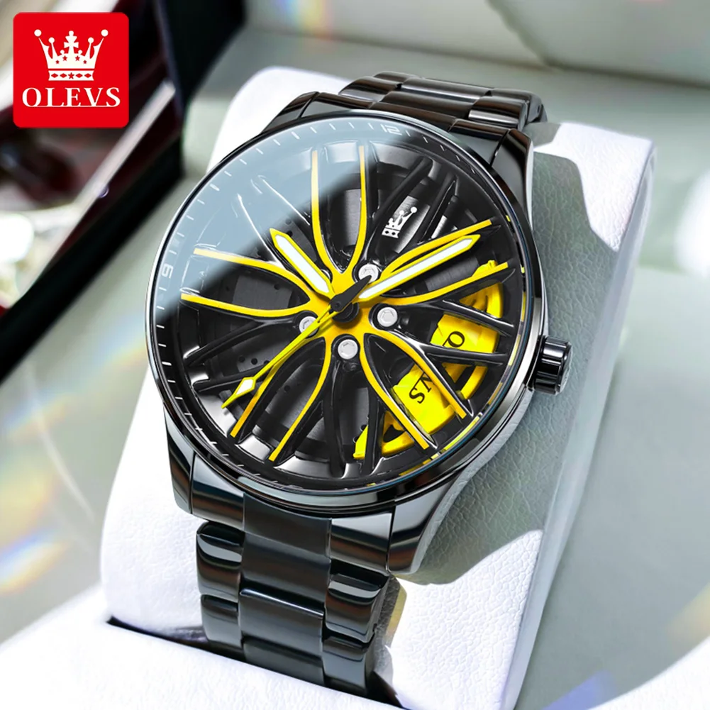 OLEVS Men Watches Rotatable Wheel Hub Dial Fashion Trend Original Quartz Wristwatch Waterproof Stainless Steel Luminous No.9937