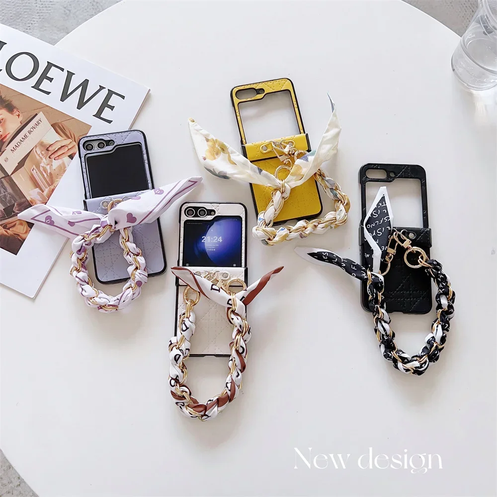 PU Leather Chain Silk Wrist Strap Phone Case for Samsung Galaxy Flip 7 6 5 4 3 Flip5 Flip4  Flip7 5G Protective Shockproof Cover