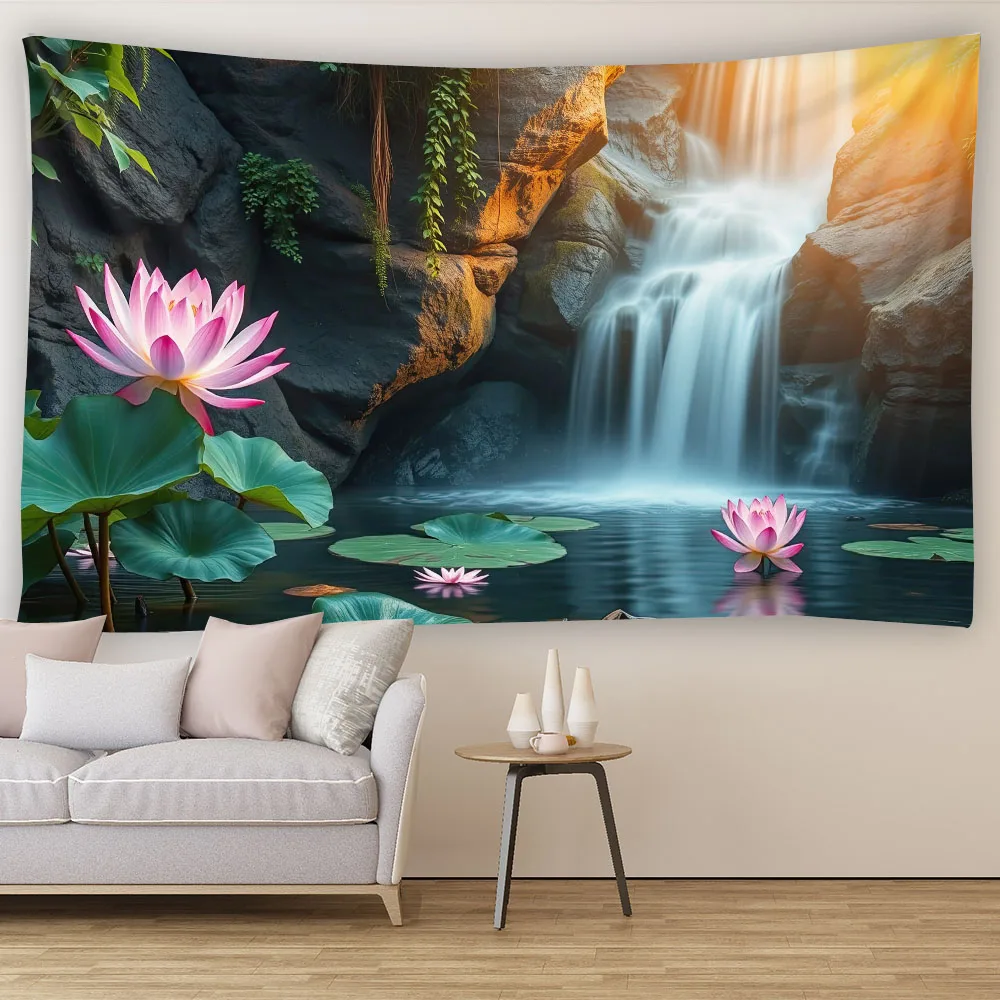 Tapisserie Cascade de Lotus Forêt Tropicale - Paysage Jungle Luxuriant, Décoration Murale Paysage Naturel Tranquille, Toile de Fond